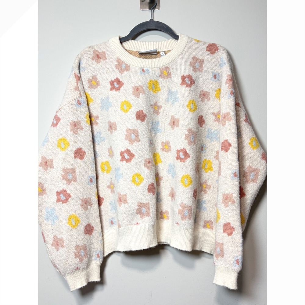 Daisy Street Womens Floral Crew Neck Sweater Cream Pastel Knit Pullover Large